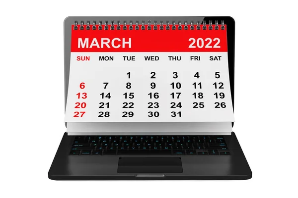 2022 Yıllık Takvim Mart Takvimi Beyaz Arka Planda Dizüstü Bilgisayarın — Stok fotoğraf