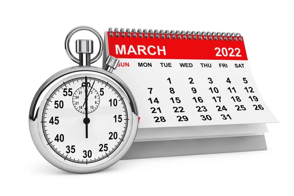 2022 Rok Březen Kalendář Stopkami Bílém Pozadí Vykreslování — Stock fotografie