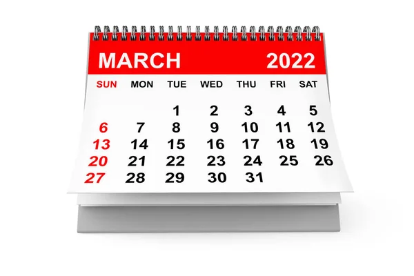 2022 Rok Březen Kalendář Bílém Pozadí Vykreslování — Stock fotografie