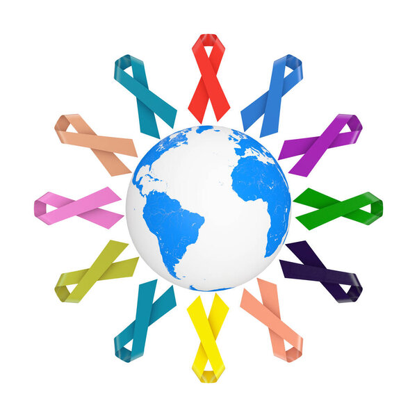 World Cancer Day With Colorful Ribbons around Earth Globe on a white background. 3d Rendering 