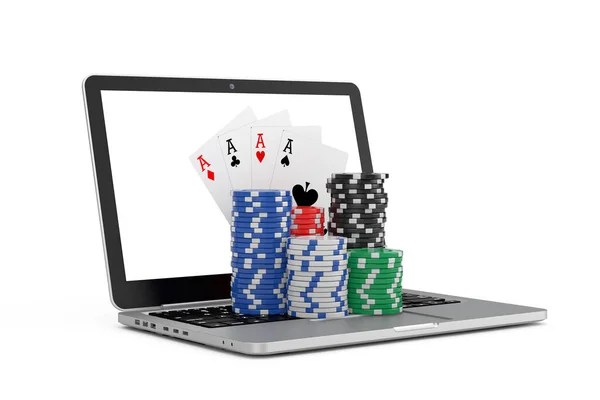 Casino Online Concept Gambling Chips Poker Playing Cards Modern Laptop — Stock Photo, Image