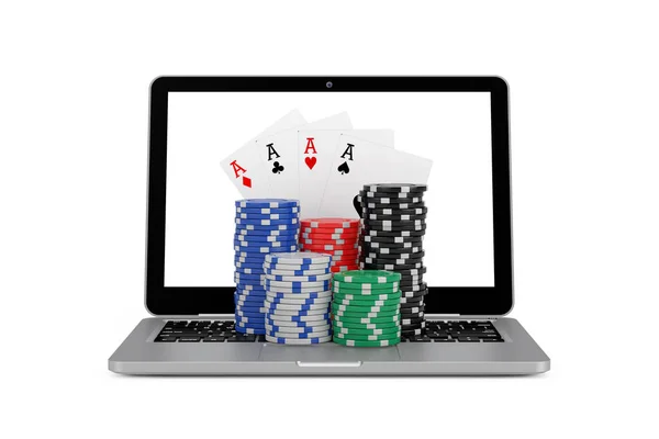 Casino Online Concept Gambling Chips Poker Playing Cards Modern Laptop — 스톡 사진