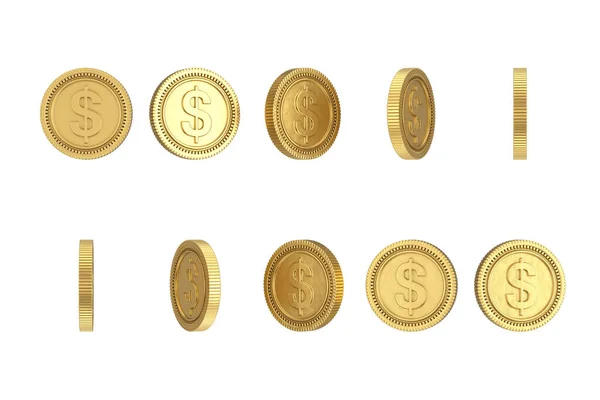 金卡通美元硬币在不同的位置在一个白色的背景 3D渲染 — 图库照片