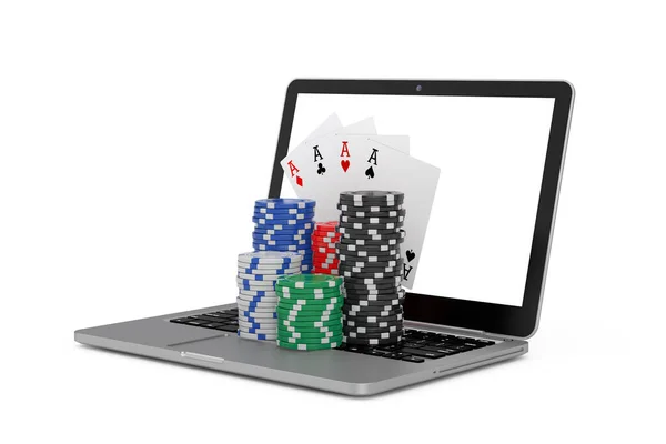 Casino Online Concept Gambling Chips Poker Playing Cards Modern Laptop — Stock Photo, Image