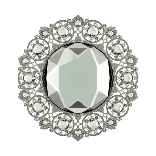 ホワイトの背景にダイヤモンドプレシャスストーンジュエリーヴィンテージバロックブローチ 3Dレンダリング — ストック写真