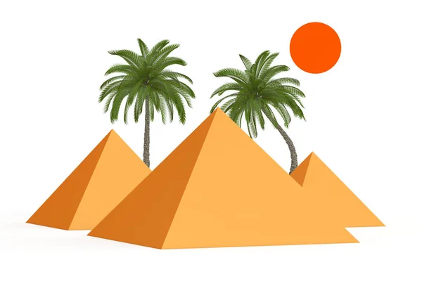 Symbool Van Egypte Concept Piramiden Palmbomen Zon Een Witte Achtergrond — Stockfoto