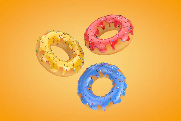 色彩斑斓的多色甜甜圈 带有黄色背景的格子花和色泽 3D渲染 — 图库照片