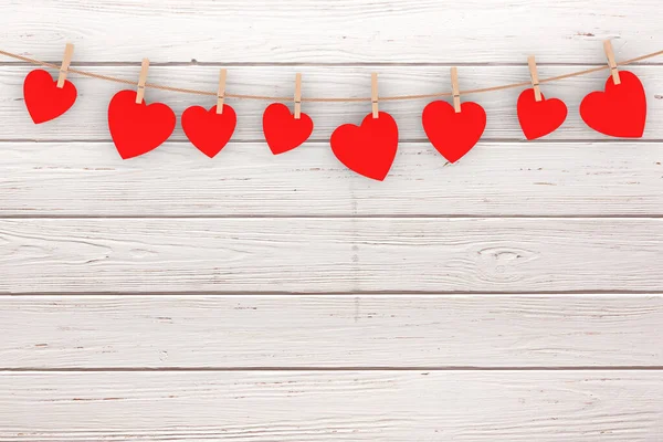 Many Valentine Day Red Heart Cards Hanging Rope Wooden Plank — Stock Photo, Image