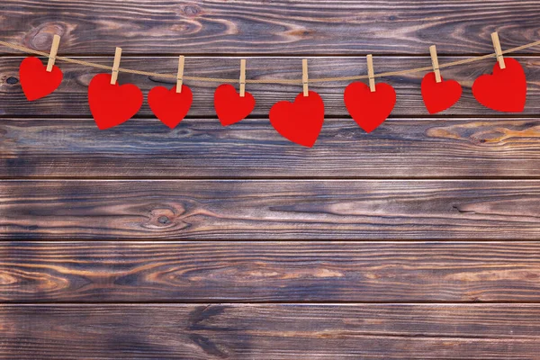 Many Valentine Day Red Heart Cards Hanging Rope Wooden Plank — Stock Photo, Image