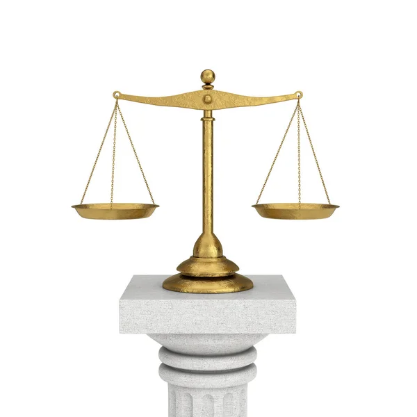 Vintage Classical Justice Golden Balanced Scales Column Pedestal Białym Tle — Zdjęcie stockowe