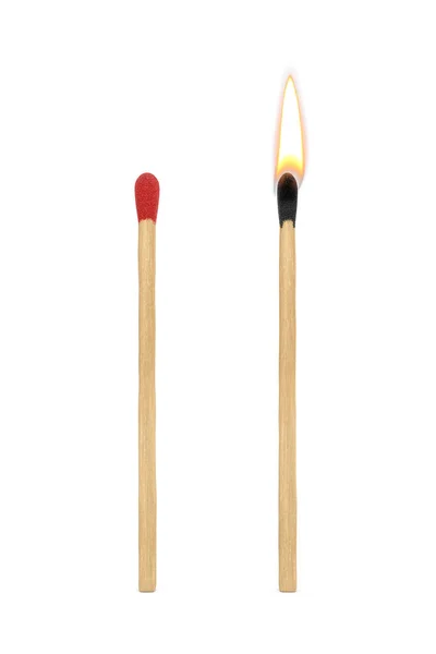 Wooren Match Mit Red Head Und Burning Match Auf Weißem — Stockfoto