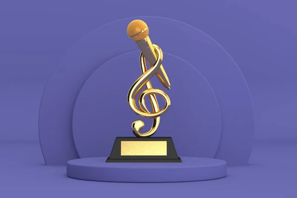 Goldener Notenschlüssel Mit Mikrofonpreis Trophäe Über Violet Very Peri Cylinders — Stockfoto