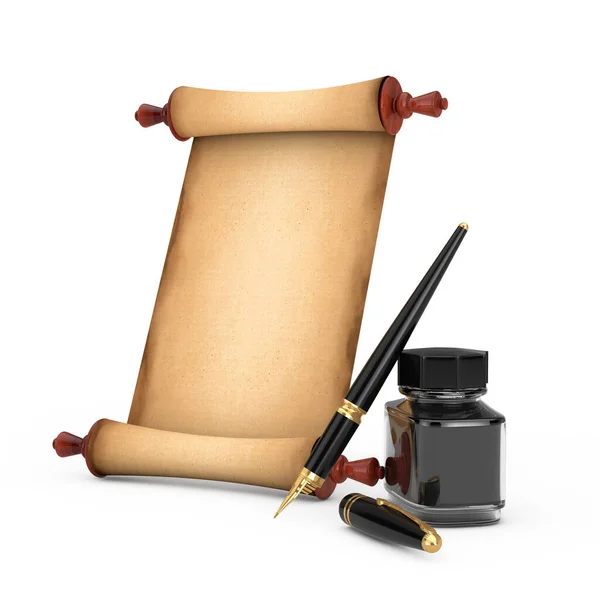 Blanco Old Paper Scroll Perkament Mockup Fontein Pen Met Zwarte — Stockfoto