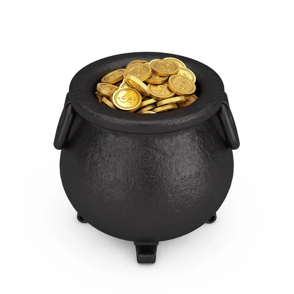 Iron Cauldron Pot Full Golden Coins White Background Rendering — Stock Photo, Image