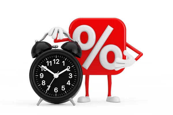 Sale Discount Percent Sign Person Character Mascot Alarm Clock White — Stock Photo, Image