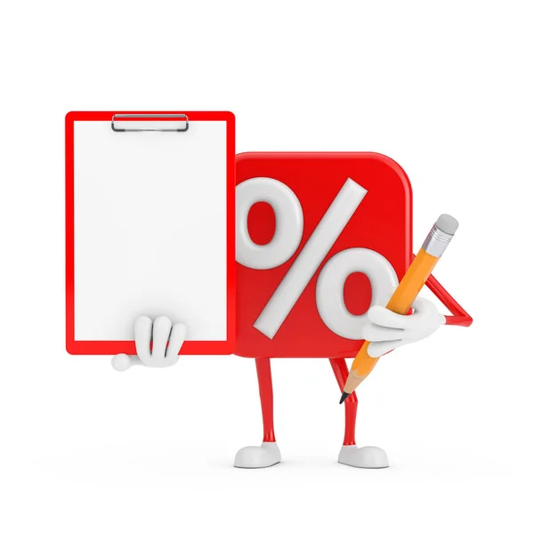 Sale Discount Percent Sign Person Character Mascot Red Plastic Clipboard — Stock Photo, Image