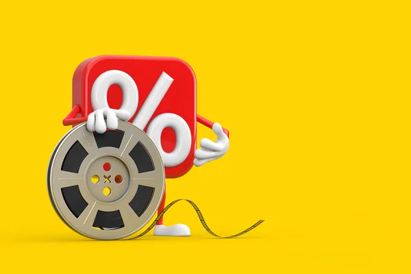 销售或折扣百分比标志人物吉祥物与电影卷轴电影带黄色背景 3D渲染 — 图库照片