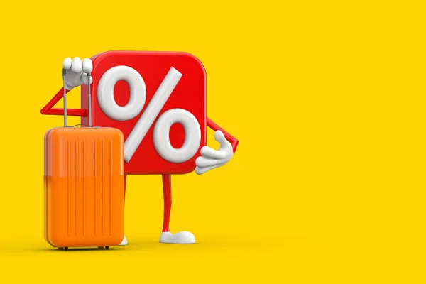 Sale Discount Percent Sign Person Character Mascot Orange Travel Suitcase — Stock Photo, Image