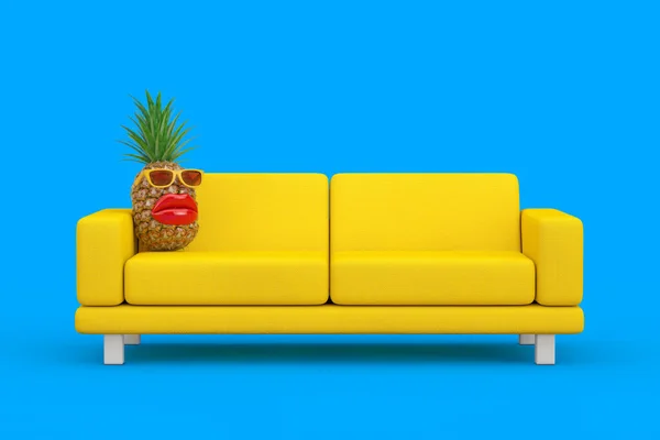 Забавный Мультфильм Хипстерской Моды Cut Pineapple Желтым Соусом Большими Красными — стоковое фото