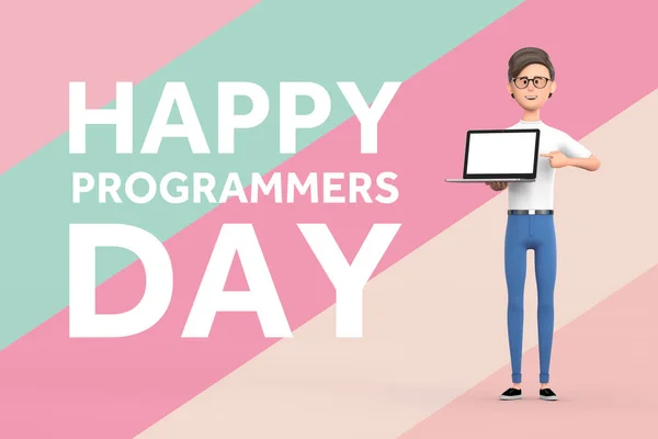 Happy Programmers Day Concept Cartoon Programmer Persona Con Computer Portatile — Foto Stock