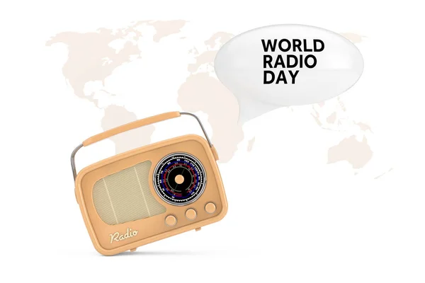 Radio Vintage Gialla Con Mappa Del Mondo White Speech Bubble — Foto Stock