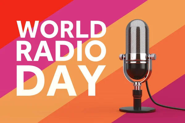 ワールド ラジオ デーのコンセプト 無線日とヴィンテージラジオ局マイク多色の背景にサインインします 3Dレンダリング — ストック写真