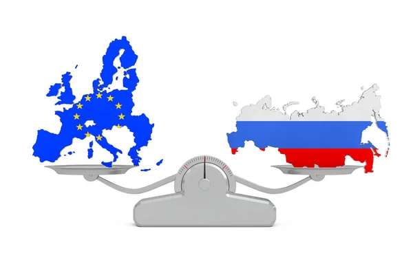 欧州連合とロシアの旗マップ白い背景にシンプルな体重計でバランスをとっています 3Dレンダリング — ストック写真