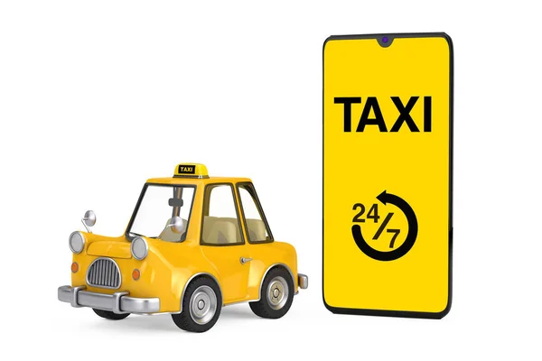 Yellow Cartoon Taxi Car Modern Mobile Phone Taxi Service Application — Stock Photo, Image