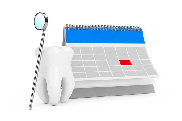牙齿健康概念 带牙齿检查镜的牙齿图标及以白色背景探访牙科医生的提示日历 3D渲染 — 图库照片