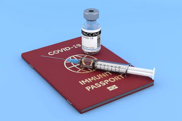 Covid Vaccine Vial Medicine Drug Bottle Syringe Immunity Passport Blue — Stock Photo, Image