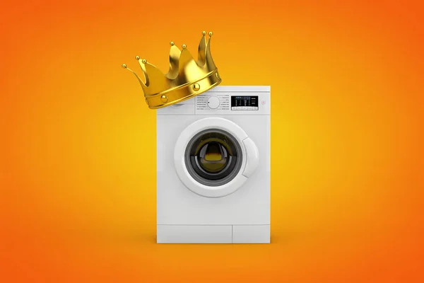 Modern White Washing Machine Golden Crown Orange Background Rendering — Stock Photo, Image