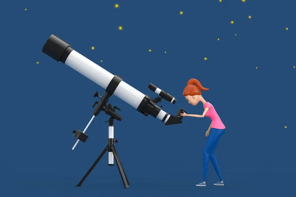 Mulher Nova Bonito Menina Astrônomo Olhando Através Telescópio Fundo Azul — Fotografia de Stock