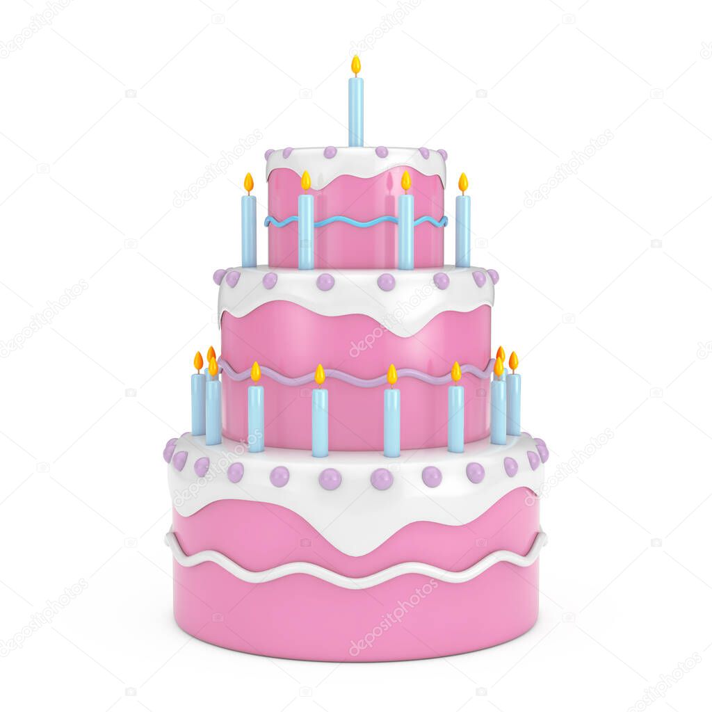 Birthday Cartoon Dessert Tiered Cake with Candles on a white background. 3d Rendering 