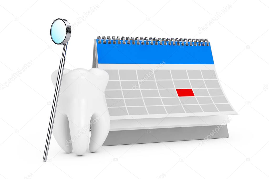 Dental Health Concept. Tooth Icon with Dental Inspection Mirror for Teeth and Reminder Calendar for Visiting the Dentist on a white background. 3d Rendering 