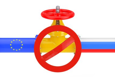 Beyaz arka planda Rus ve Avrupa Birliği Bayrakları ve Kırmızı Yasaklama İşareti olan Gaz Boru Hattı. 3d Hazırlama 