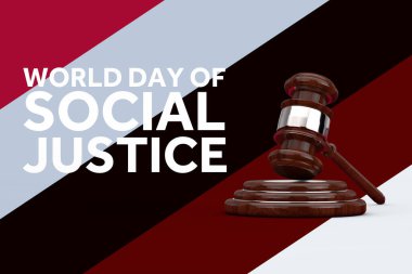 Dünya Sosyal Adalet Günü Kavramı. Ahşap Yargıç Gavel ve Dünya Sosyal Adalet Günü tabelası çok renkli bir arkaplanda. 3d Hazırlama 
