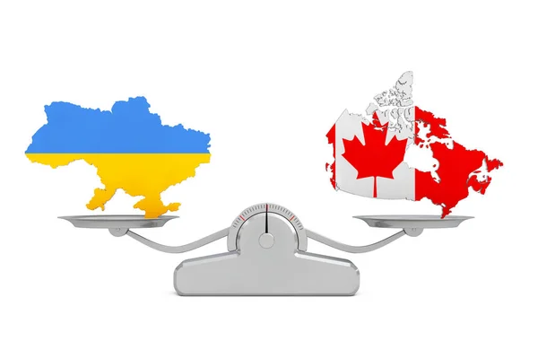 ウクライナとカナダの地図白い背景にシンプルな体重計でバランスをとっています 3Dレンダリング — ストック写真