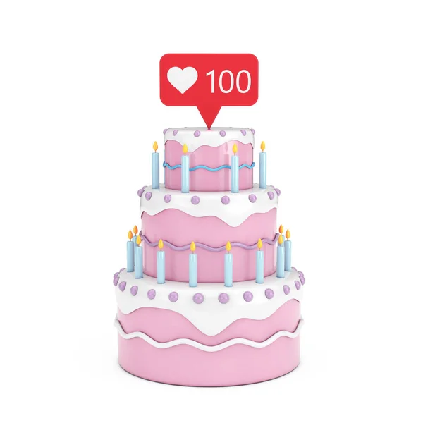 Cartoon Dessert Tiered Cake with Candles and Social Media Network Love and Like Heart Icon with One Hundred Followers Sign on a white background. 3d Rendering