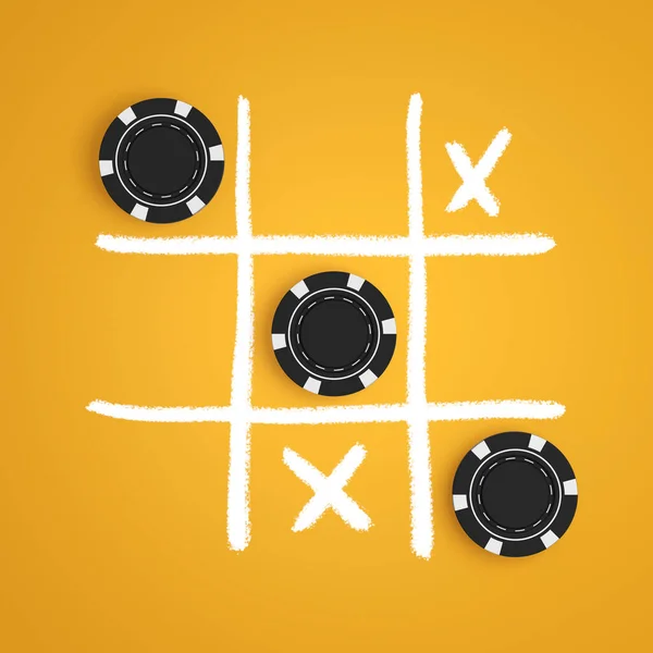 Black Casino Chips Tic Tac Toe Game Yellow Background 렌더링 — 스톡 사진