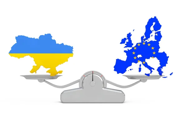 ウクライナと欧州連合の地図白い背景にシンプルな体重計でバランスをとっています 3Dレンダリング — ストック写真