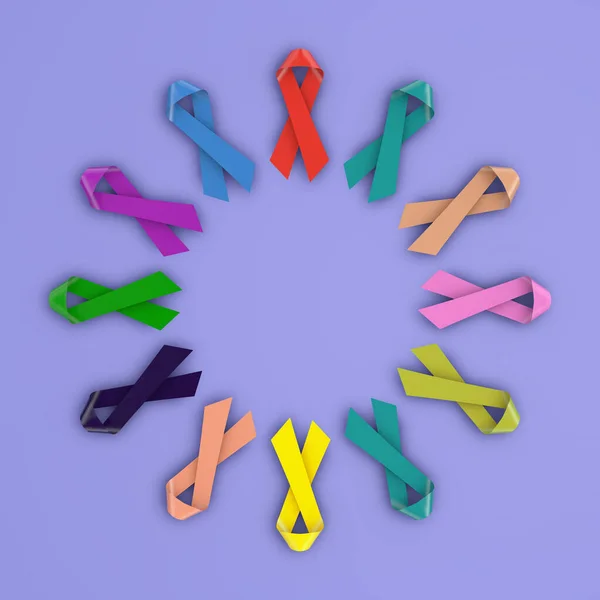 Dünya Kanser Günü Konsepti Menekşe Arkaplanda Çember Şeklinde Renkli Göğüs — Stok fotoğraf
