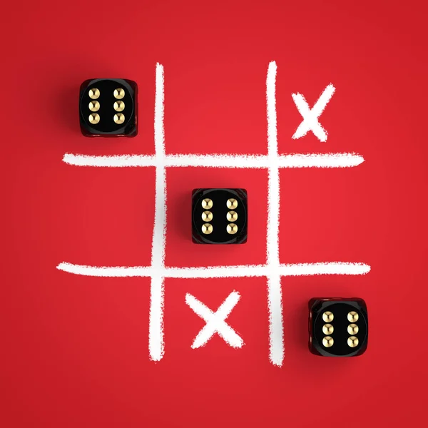 Gold Game Dobbelblokjes Tic Tac Toe Game Een Rode Achtergrond — Stockfoto