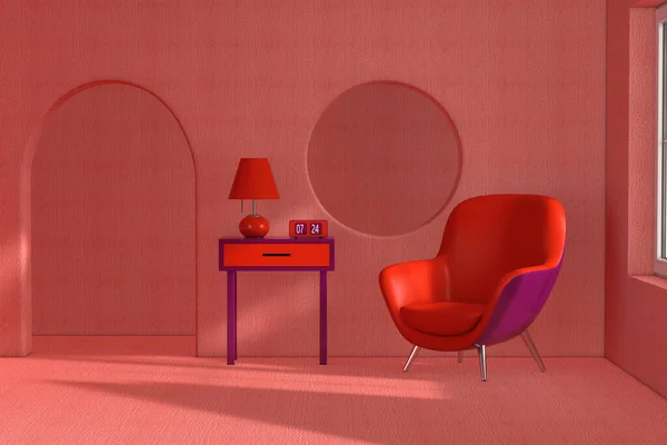 Red Modern Leather Oval Shape Relax Stuhl Lampe Tisch Und — Stockfoto