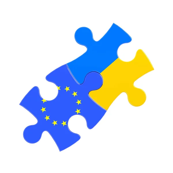 乌克兰与欧共体概念之间的关系 乌克兰和欧盟的国旗在白色背景上的拼图碎片 3D渲染 — 图库照片