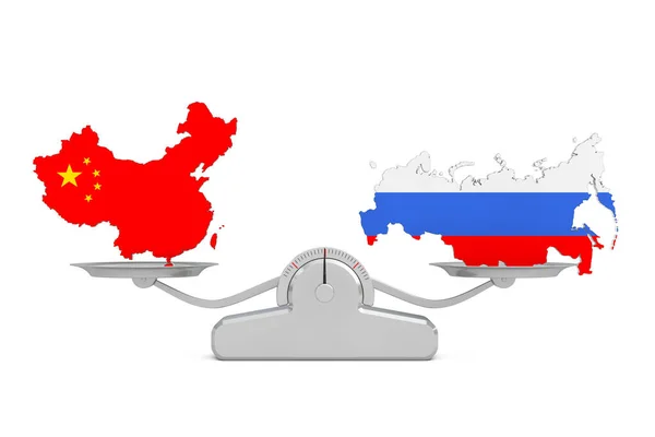 Flaggenkarten Chinas Und Russlands Balancieren Auf Einer Einfachen Gewichtsskala Auf — Stockfoto