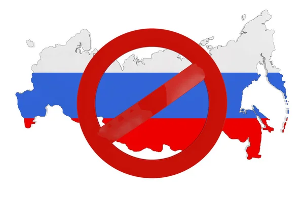 Russia Map Shape Flag Red Forbidding Sign White Background Англійською — стокове фото