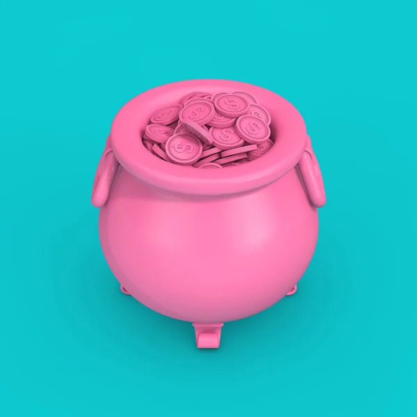 粉红铁锅满满的钱币都是杜通风格的蓝色背景 3D渲染 — 图库照片