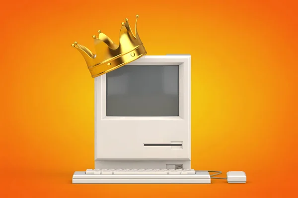 Retro Personal Computer Golden Crown Orange Background Rendering — Stock Photo, Image