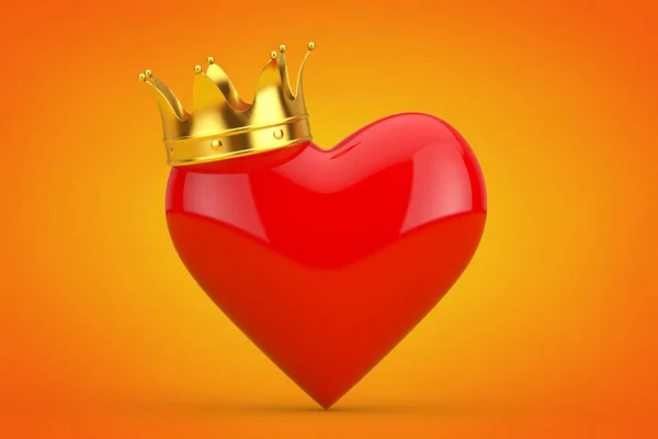 Corazón Rojo Con Corona Dorada Sobre Fondo Naranja Renderizado — Foto de Stock