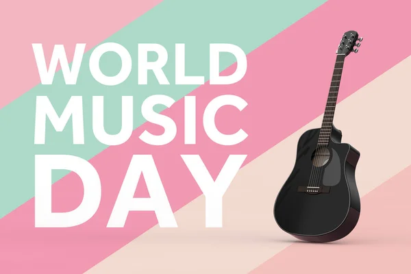 Weltmusiktag Konzept Black Wooden Acoustic Guitar Und World Music Day — Stockfoto